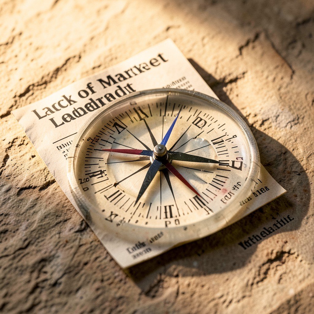 A broken compass on a financial newspaper, representing lack of market leadership, warm natural lighting, textured background, aspect ratio 4:3