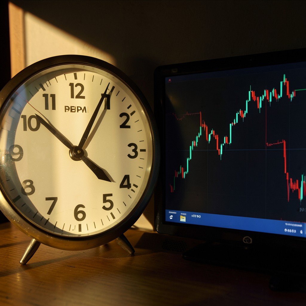 A clock showing 1 30 PM next to a downward dipping stock chart line on a screen, afternoon sunlight, serious mood, aspect ratio 1:1