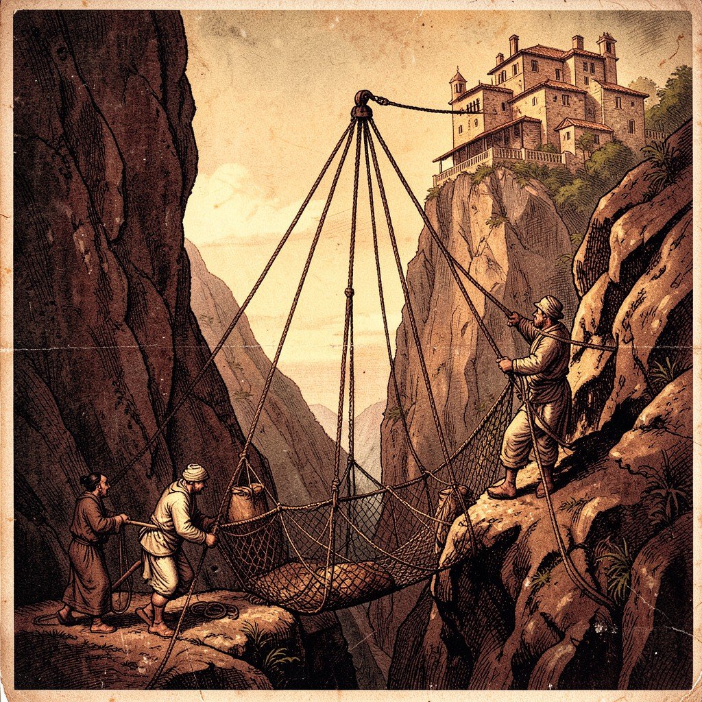 Historical illustration of monks using a rope and pulley net system to lift supplies up a steep cliff to a monastery, vintage artistic style, textured background, warm lighting, no text, 1:1