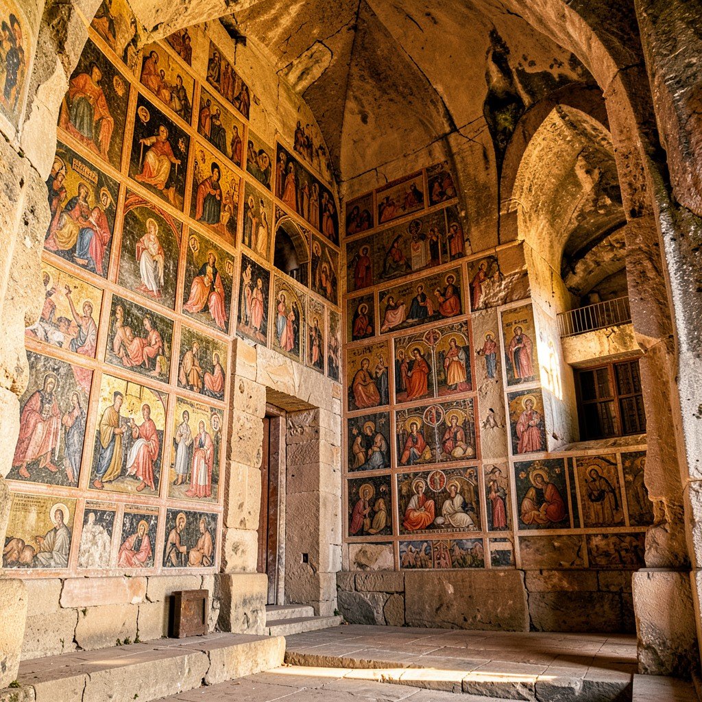 Interior of Varlaam monastery in Meteora with vibrant frescoes on the walls and ancient stone architecture, warm natural lighting, History/Culture style, artistic rendering, no text, 1:1