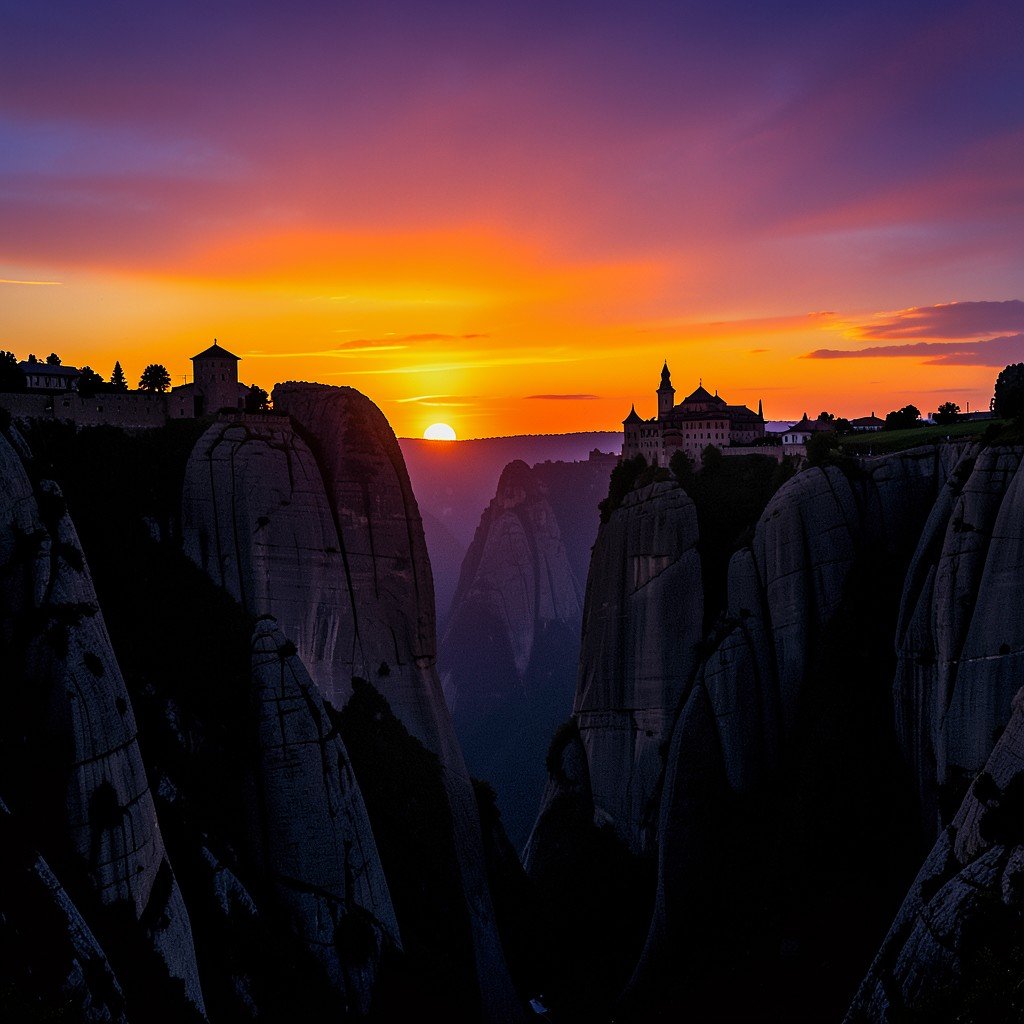 Breathtaking sunset view of the Meteora rock formations and monasteries from a distance, orange and purple sky, silhouettes of the cliffs, History/Culture style, artistic rendering, no text, 4:3