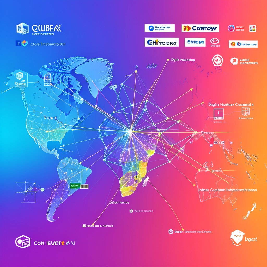 Global tech companies investing in Indian cloud infrastructure, digital network maps connecting India to the world, vibrant gradient background, aspect ratio 1:1