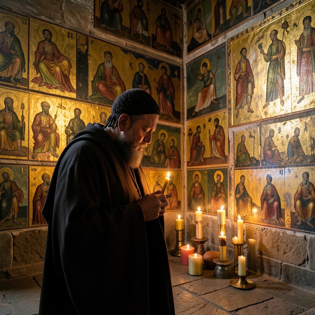 Orthodox monk praying inside a Byzantine monastery on Mount Athos, golden frescoes on the walls, lit candles, peaceful atmosphere, History/Culture style, 1:1