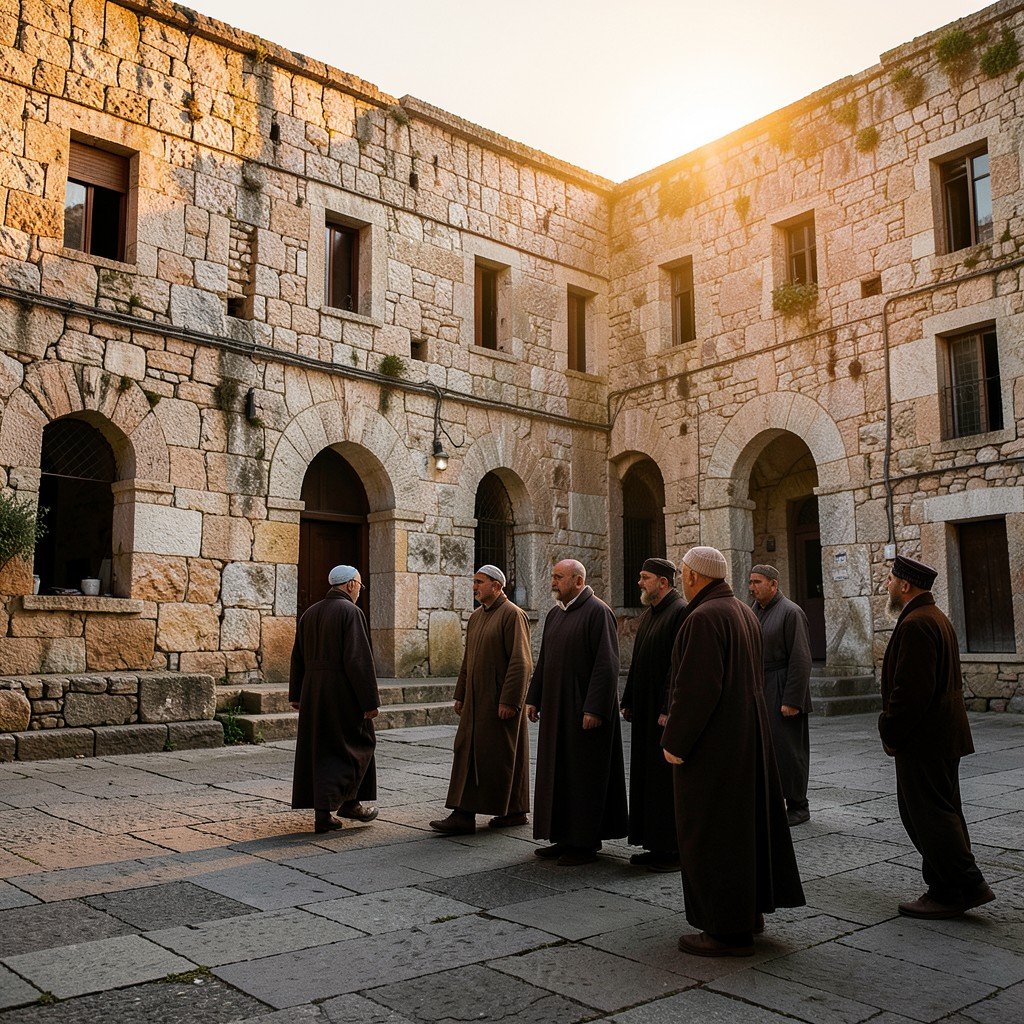 Morning routine in a Mount Athos monastery courtyard, monks walking quietly, ancient stone architecture, warm sunrise lighting, History/Culture style, 4:3