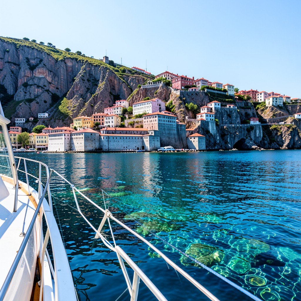 Tour boat viewing Mount Athos monasteries from the sea, crystal clear Aegean water, distant red-roofed cliffside buildings, sunny day, Review/Daily style, 4:3