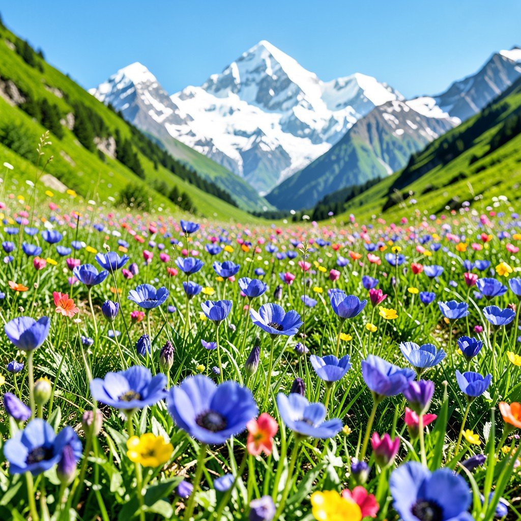 Vibrant blooming alpine wildflowers covering a lush valley floor, rare blue poppy and primula flowers, majestic snow peaks in the background, bright natural lighting, lifestyle photography, 4:3