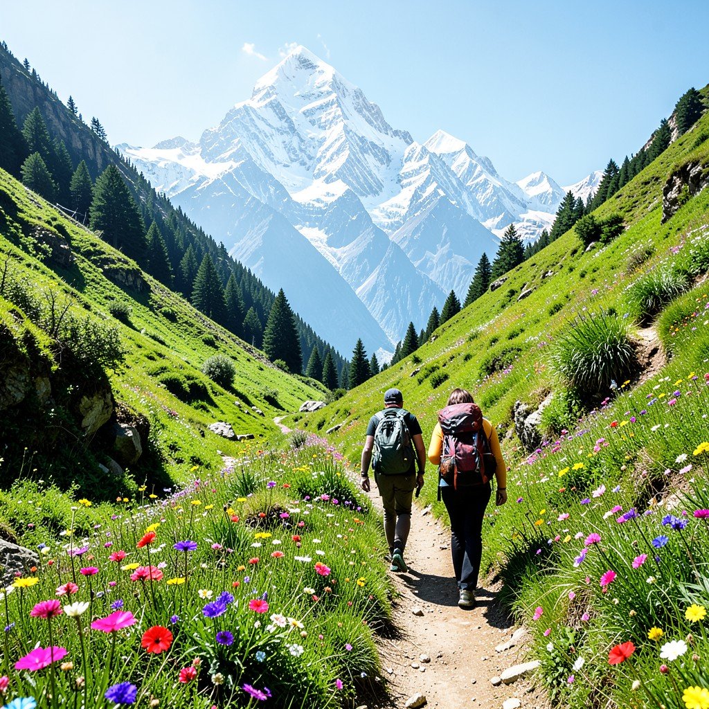 Hikers trekking on a narrow dirt trail through a lush green valley with vibrant blooming flowers, towering snow-capped Himalayan peaks in the distance, bright daylight, adventure lifestyle photography, 4:3