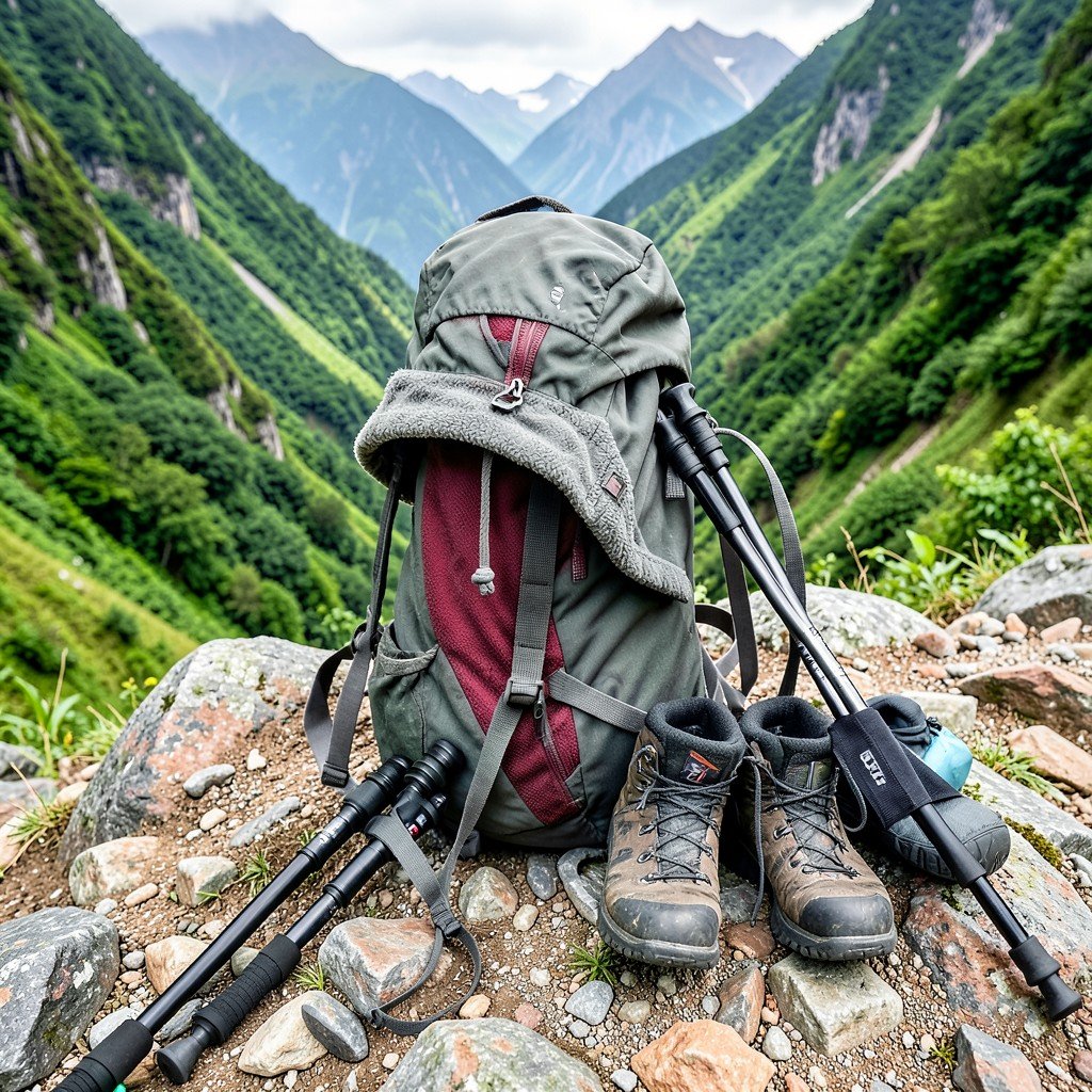 Hiking backpack with trekking poles, waterproof hiking boots, and a warm jacket placed on a rocky terrain, high mountain environment with lush green valley background, natural lighting, review daily photography, 1:1