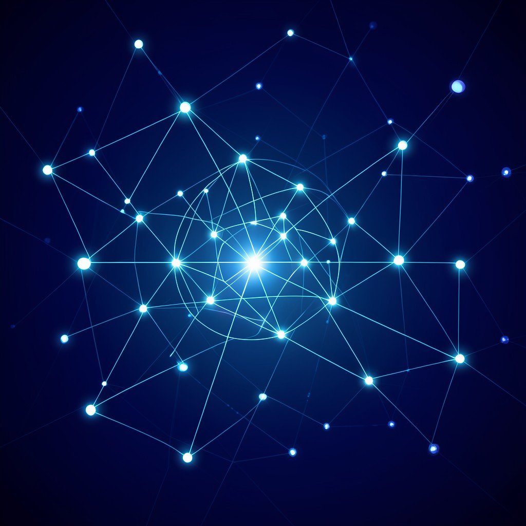 A conceptual image of future technology distribution, glowing network nodes on a dark blue background, aspect ratio 1:1