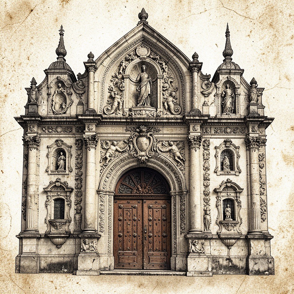 Ornate Plateresque facade of University of Salamanca historic entrance with intricate stone carvings, textured background, artistic illustration, 4:3