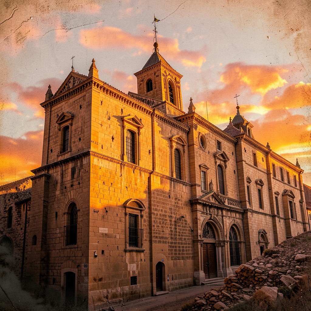 Salamanca New Cathedral at sunset glowing with warm golden light reflecting on sandstone walls, artistic rendering, textured background, 4:3