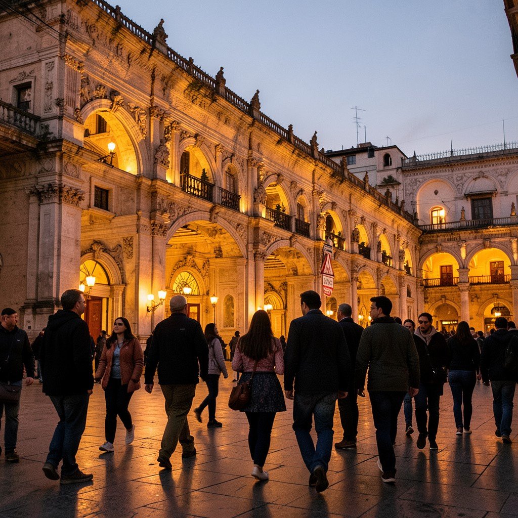 People walking in Plaza Mayor Salamanca at dusk with warm golden lights illuminating baroque arches, lifestyle photography, natural setting, 4:3