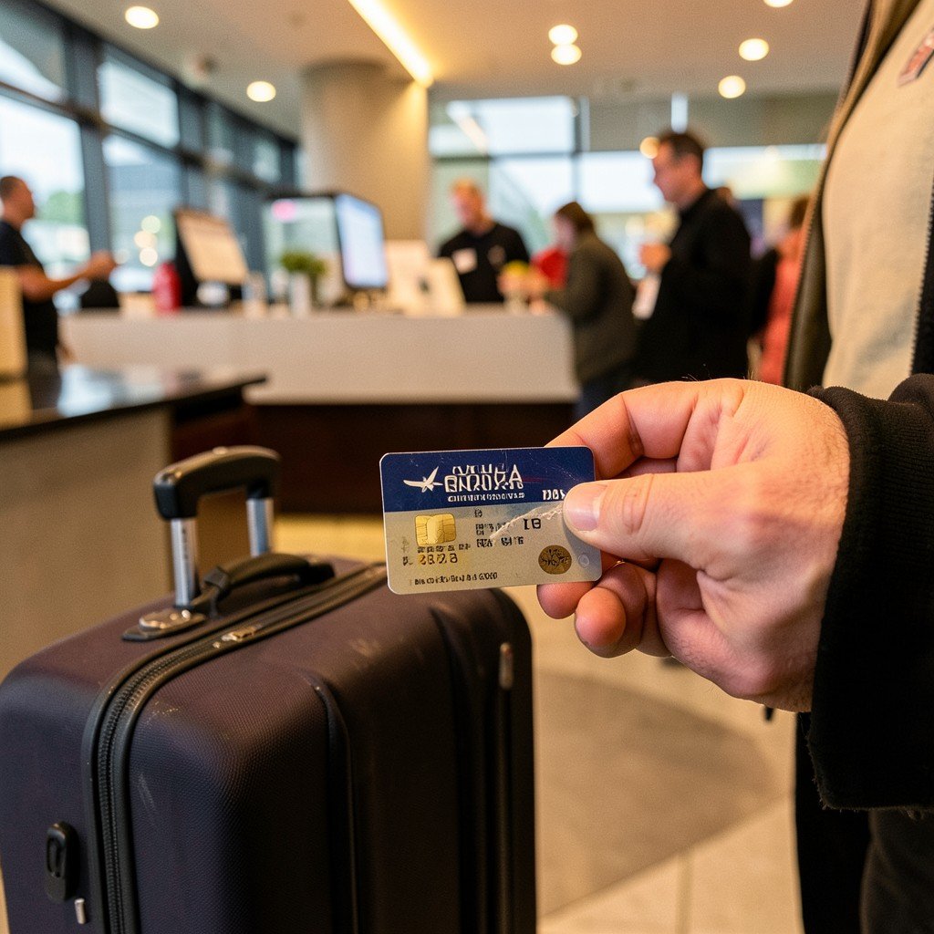 Close up of a person holding an airline credit card near a checked suitcase at an airport counter, warm lighting, lifestyle photography, aspect ratio 4:3