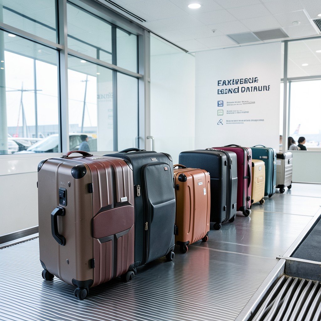 Multiple suitcases on an airport baggage conveyor belt, modern clean background, informational style, aspect ratio 1:1