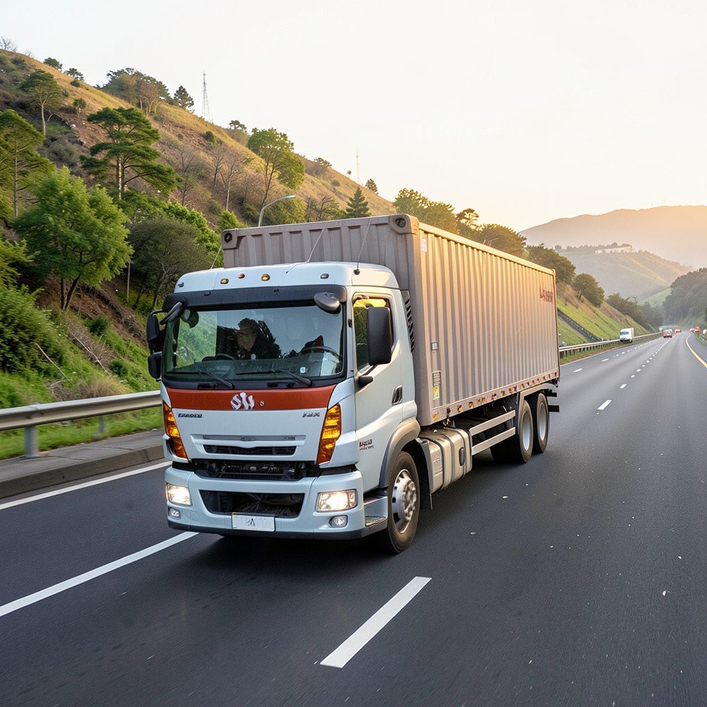 A cargo truck driving on a highway with a slight gradient background, representing logistics and fuel costs, lifestyle photography, aspect ratio 4:3