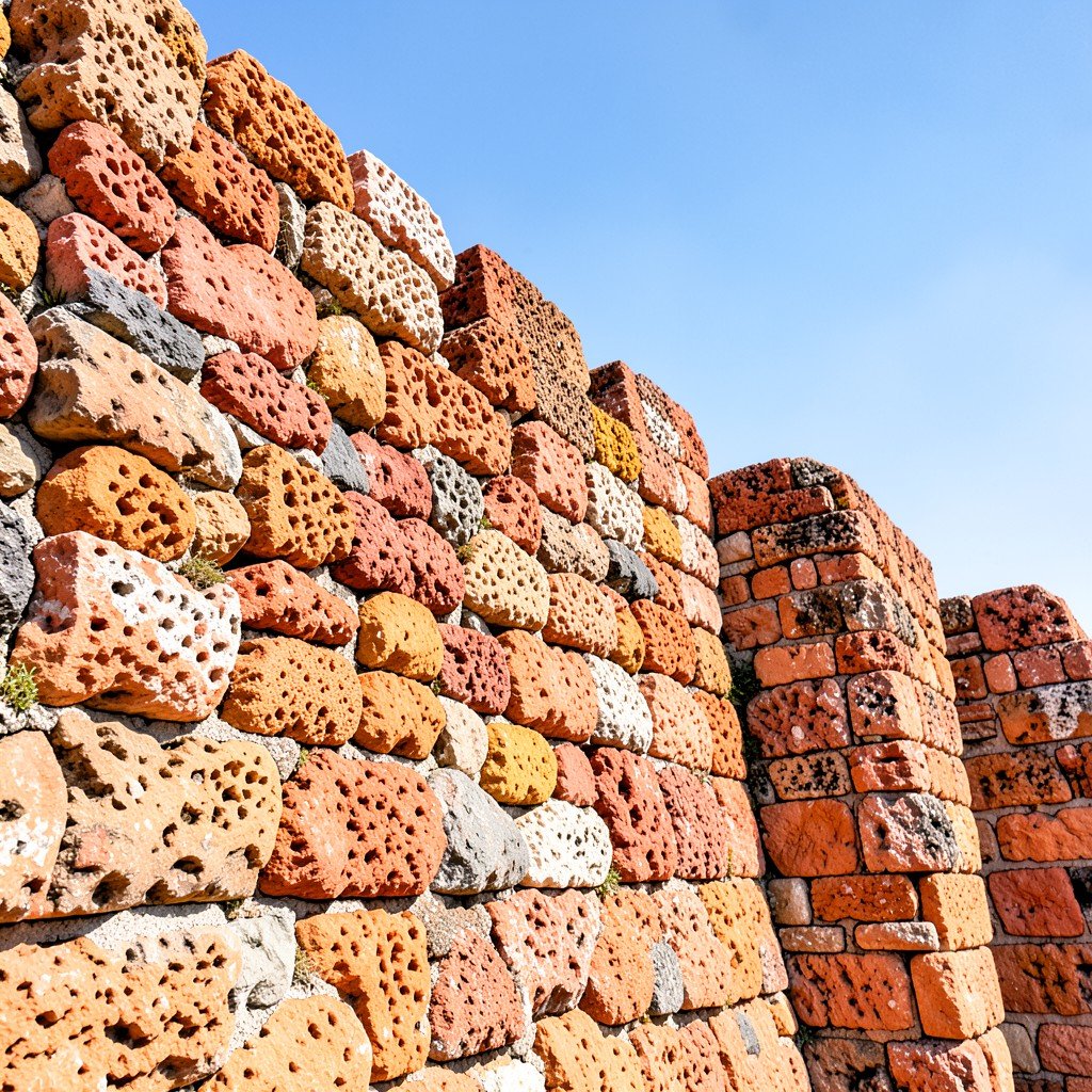Close-up of textured Dutch colonial fortification walls, coral stone masonry, clear sky, History/Culture style, aspect ratio 4:3