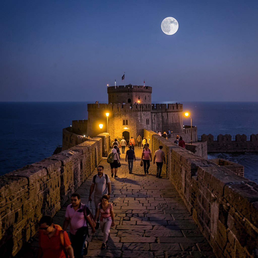 People walking on Galle Fort ramparts at dusk, moonlight and street lamps, Indian Ocean horizon, warm lighting, aspect ratio 1:1
