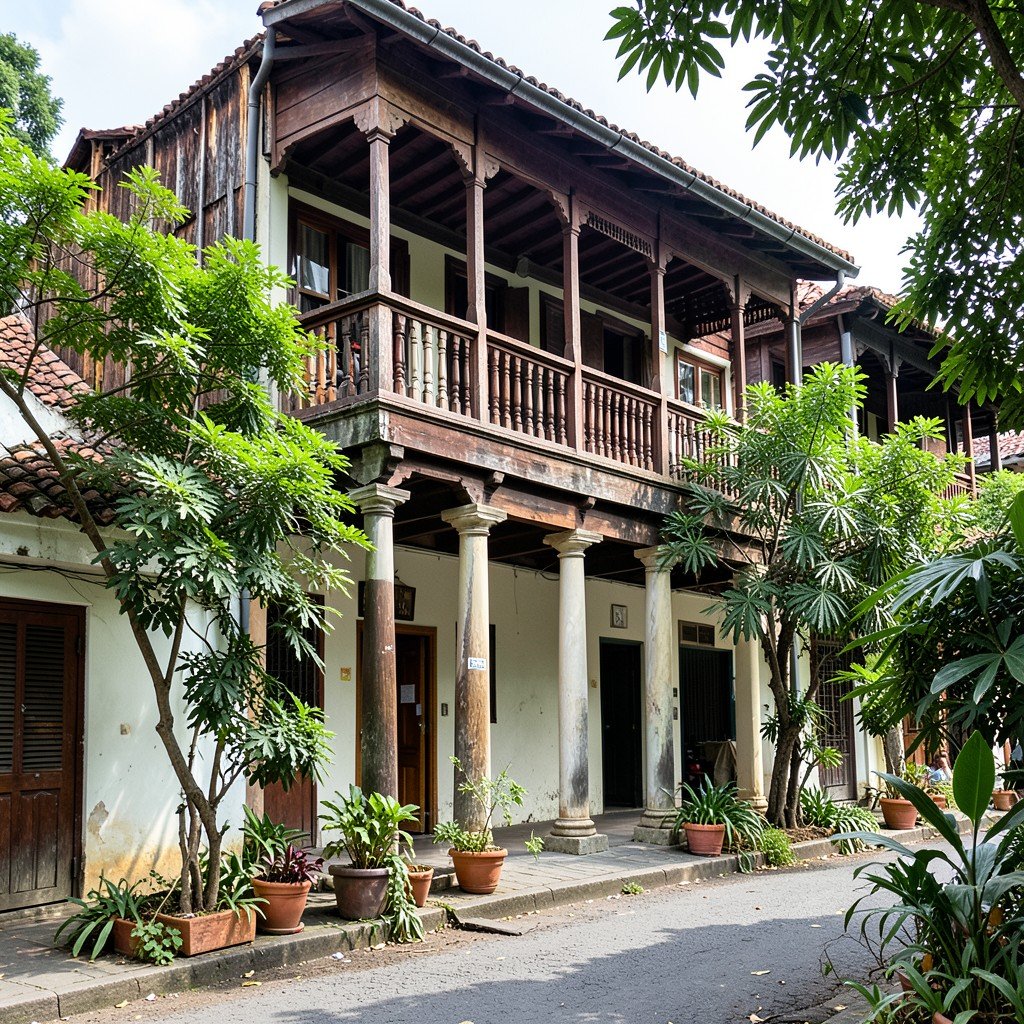 Dutch colonial building with wooden balconies, Galle Fort street, daytime, lush greenery, History/Culture style, aspect ratio 4:3