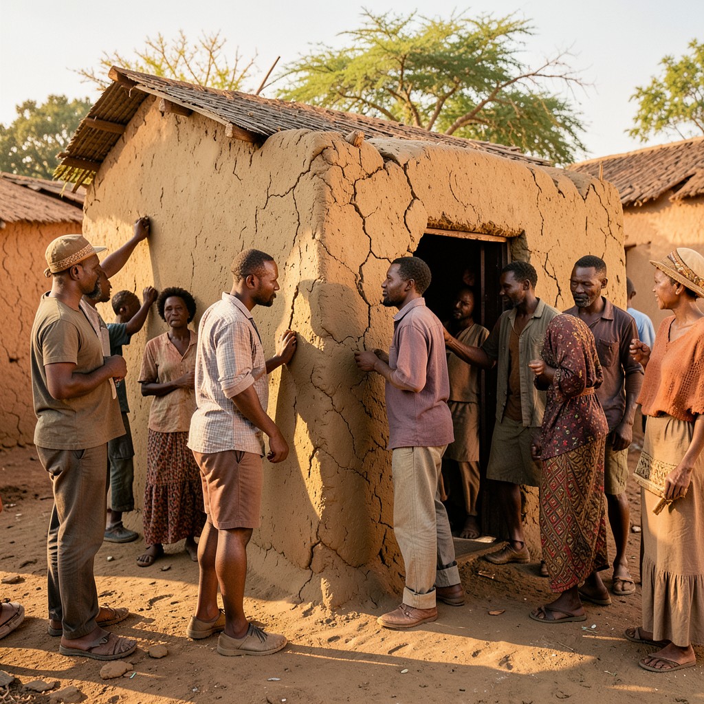 Community of people re-plastering a mud-brick building with fresh clay in an African village setting, warm sunlight, natural daily life scene, History/Culture style, artistic rendering, aspect ratio 4:3