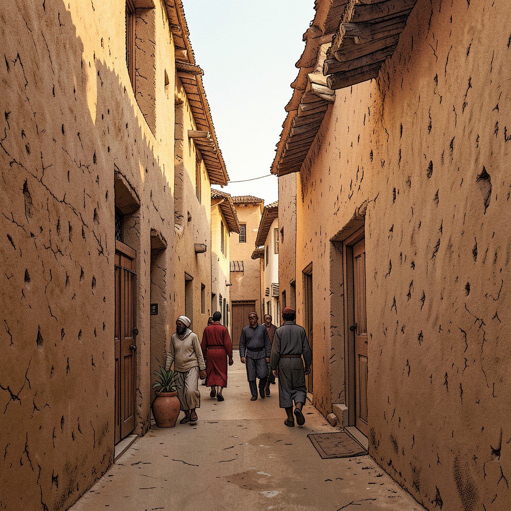 Narrow alleyway of Old Towns of Djenné with traditional mud-brick houses and local people walking, textured earth walls, warm afternoon sunlight, History/Culture style, artistic illustration, aspect ratio 1:1