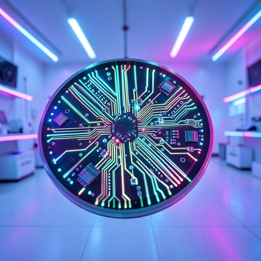 Close up of an advanced silicon wafer with intricate microchip patterns, glowing circuits, clean room environment, vibrant neon lighting, no text, aspect ratio 1:1