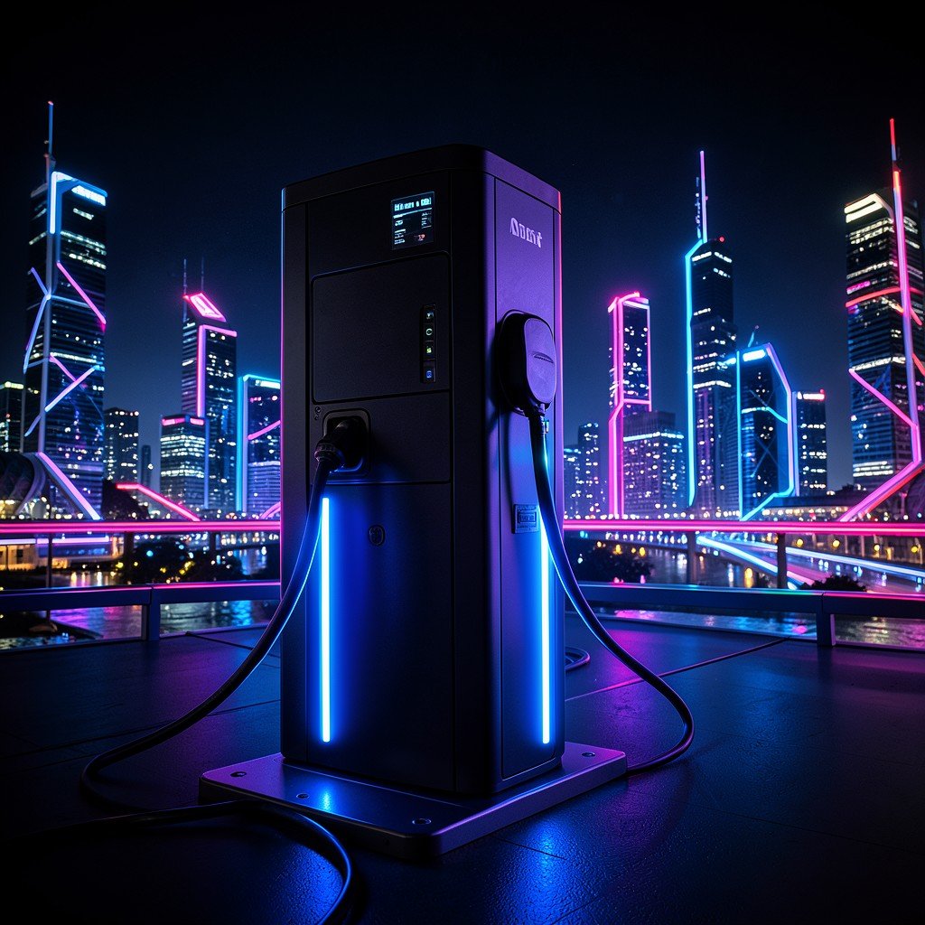 Electric vehicle charging station at night with glowing connectors, futuristic cityscape background, neon lighting, high contrast, no text, aspect ratio 4:3
