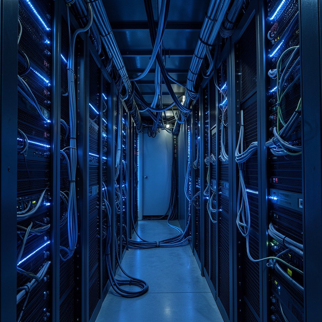 Rows of servers in a large data center with blue LED lights, glowing data cables, deep perspective, cool color temperature, no text, aspect ratio 1:1