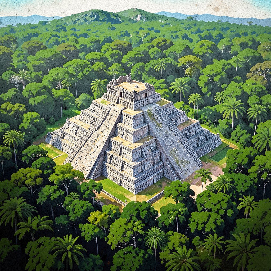 Aerial view of the ancient Mayan pyramid El Castillo emerging from the dense green jungle of the Yucatan Peninsula, History/Culture style, artistic illustration, textured background, bright balanced lighting, aspect ratio 4:3