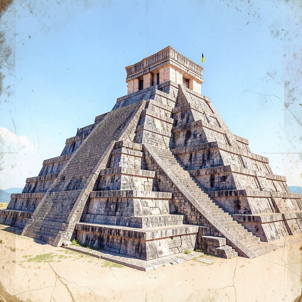 The step pyramid El Castillo at Chichen Itza under a clear sky, showing the geometric stairs and temple on top, History/Culture style, artistic illustration, textured background, centered focus, bright balanced lighting, aspect ratio 1:1