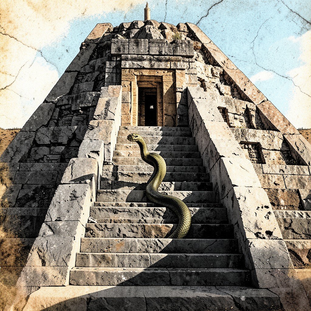 The shadow of a serpent descending the staircase of El Castillo at Chichen Itza during the spring equinox, History/Culture style, artistic illustration, textured background, bright balanced lighting, aspect ratio 4:3