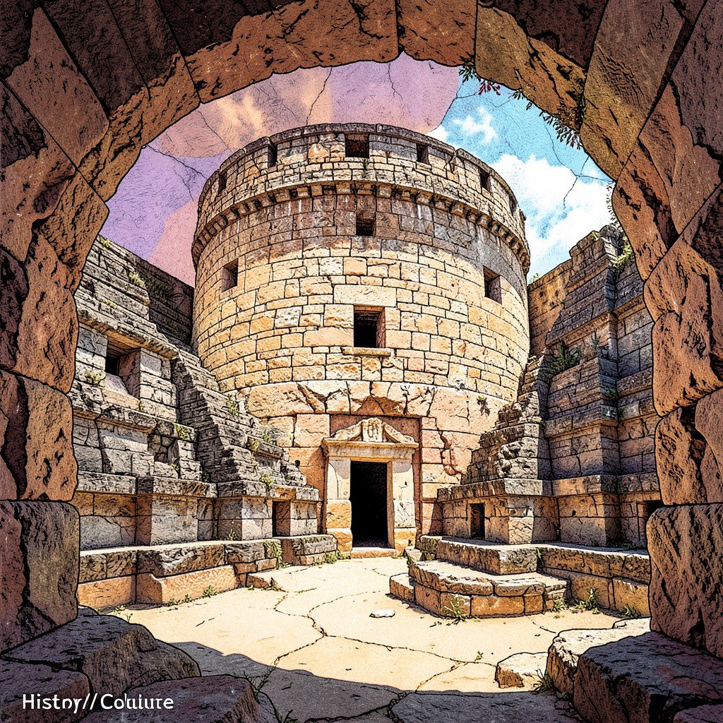 Inside the Caracol observatory at Chichen Itza, showing the round tower and small astronomical viewing windows, History/Culture style, artistic illustration, textured background, bright balanced lighting, aspect ratio 1:1