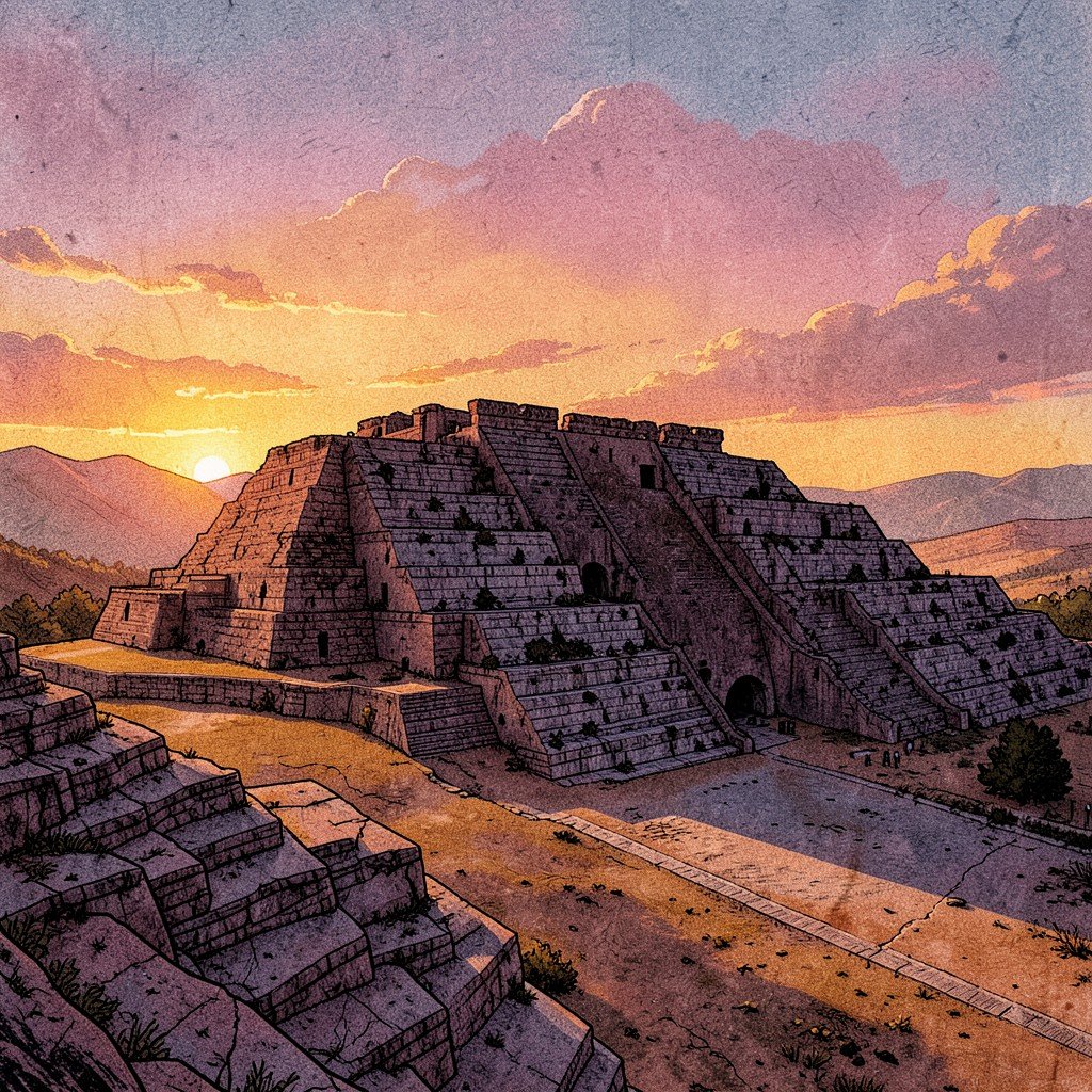 Sunset over the ancient ruins of Chichen Itza with long shadows, History/Culture style, artistic illustration, textured background, warm evening lighting, aspect ratio 4:3