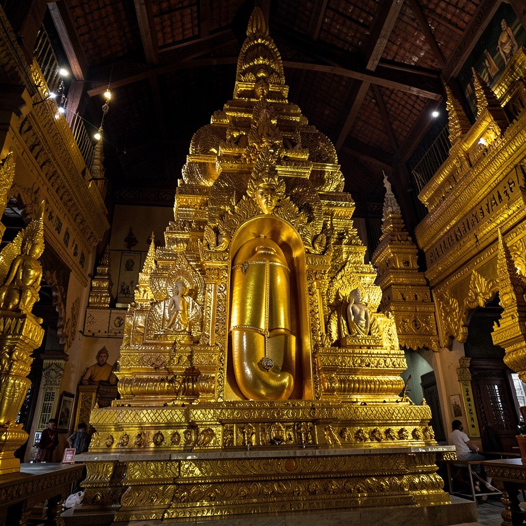 Interior of the Temple of the Sacred Tooth Relic in Kandy, intricate golden Buddhist architecture, ambient soft lighting, cultural heritage photography, aspect ratio 4:3