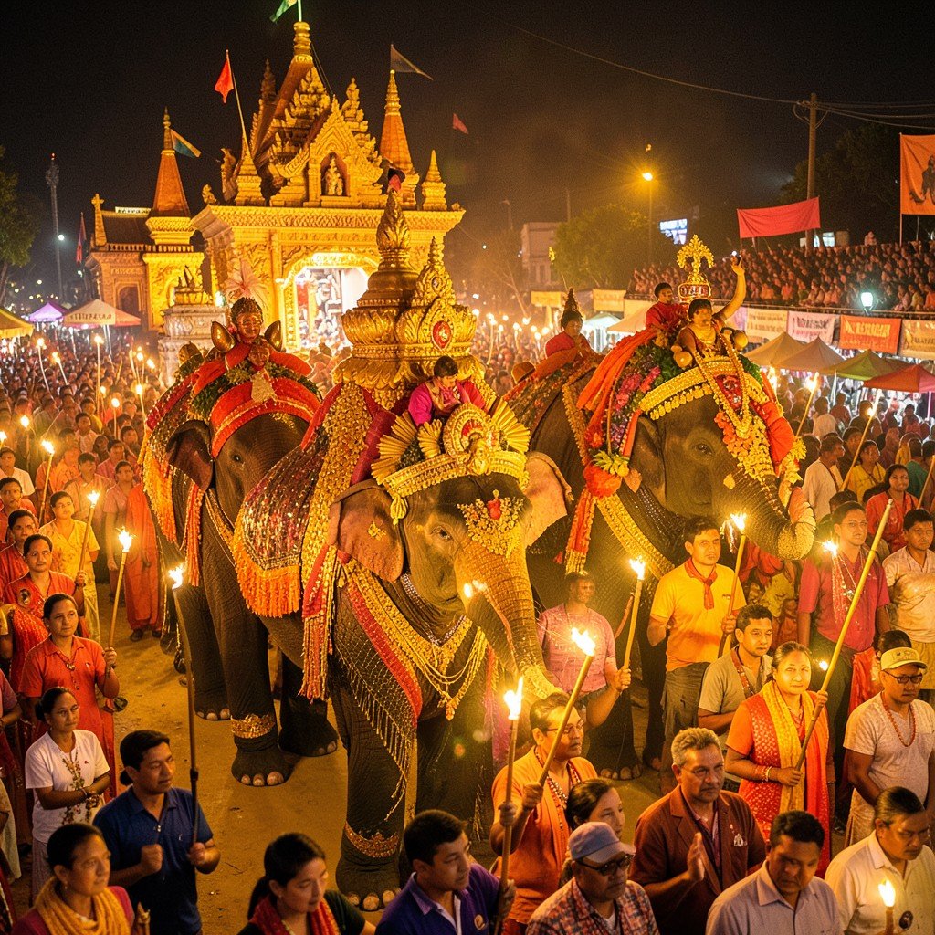 Traditional Kandy Esala Perahera festival procession with decorated elephants and torchbearers at night, vibrant cultural atmosphere, warm glowing lighting, aspect ratio 4:3