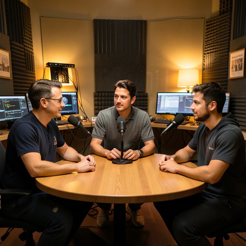 Professional podcast studio with three hosts sitting around a table with microphones, warm studio lighting, tech discussion atmosphere, no visible text, 1:1
