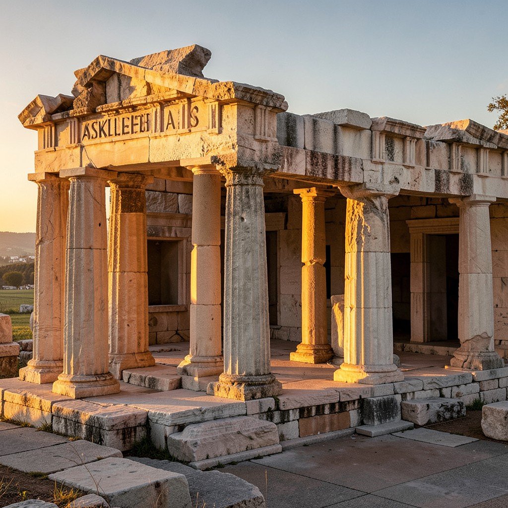 Ancient Greek abaton ruins with stone columns and rooms at Sanctuary of Asklepios Epidaurus, warm golden hour lighting, History/Culture style, artistic rendering, aspect ratio 4:3