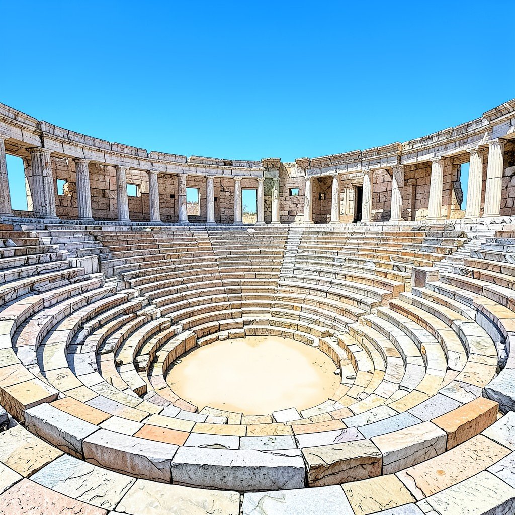 The ancient theatre of Epidaurus with limestone seats in a circular arrangement, clear sky, History/Culture style, illustration, no visible text, aspect ratio 4:3