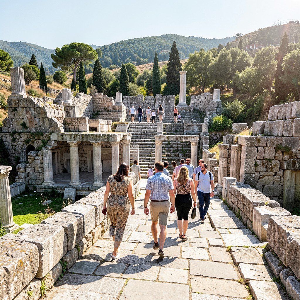 People walking along ancient stone paths in Epidaurus archaeological site, sunny Mediterranean atmosphere, History/Culture style, lifestyle photography, natural setting, aspect ratio 4:3