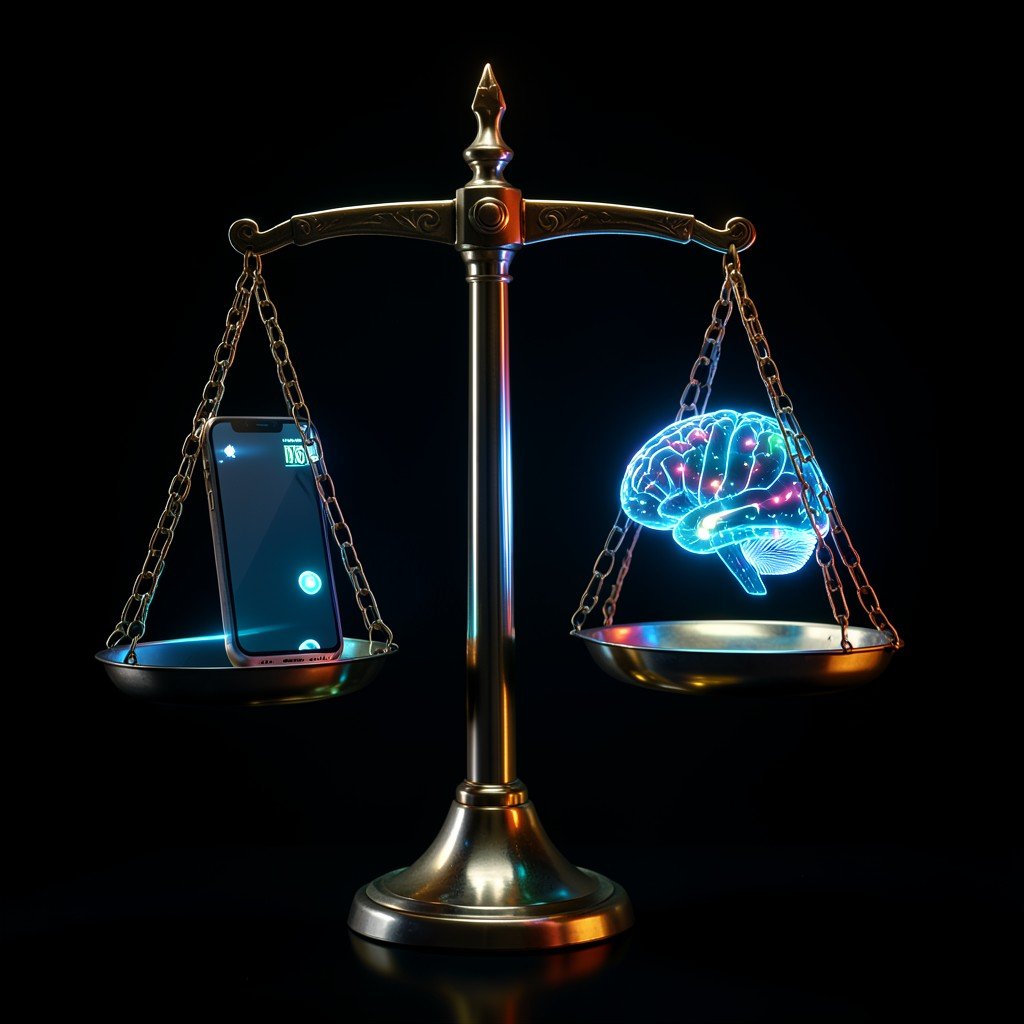 A symbolic scale of justice balancing a smartphone and a digital brain, dark background with glowing accents, cinematic lighting, 4:3 aspect ratio