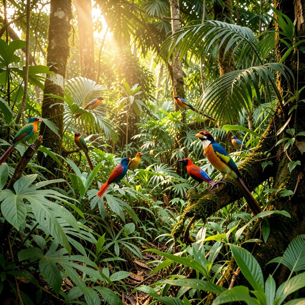 Vibrant endemic birds and lush green tropical plants in a dense rainforest, Sinharaja Forest, warm natural lighting, 4:3