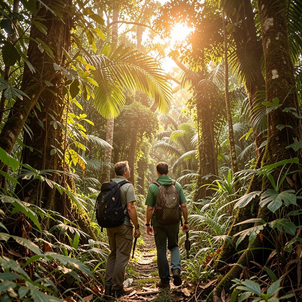 Hikers observing nature in a dense tropical jungle with warm sunlight, Sinharaja Forest Reserve, lifestyle photography, natural expression, 4:3