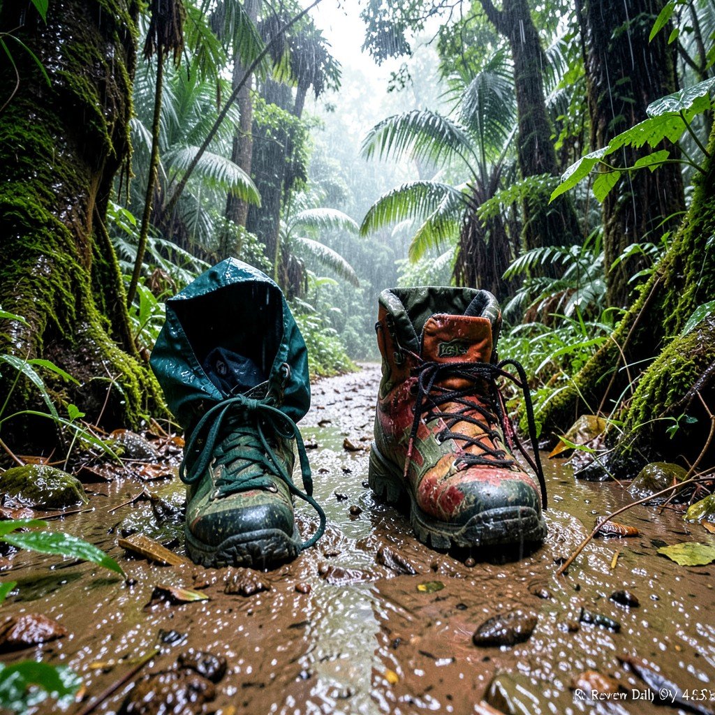 Hiking boots and wet weather rain gear on a muddy forest trail in a rainy tropical environment, Sinharaja Forest, Review Daily style, 4:3