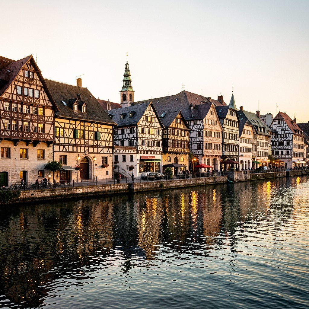 Scenic view of Strasbourg Grande-Ile with traditional half-timbered houses along the canal, warm sunlight reflecting on water, History/Culture style, aspect ratio 4:3