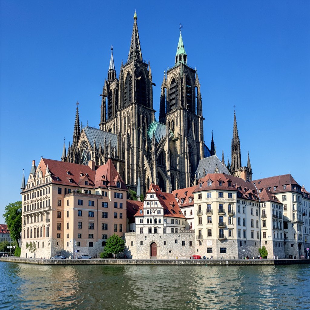 Strasbourg Notre-Dame Cathedral towering over the Grande-Ile with detailed Gothic architecture, clear blue sky, History/Culture style, aspect ratio 1:1
