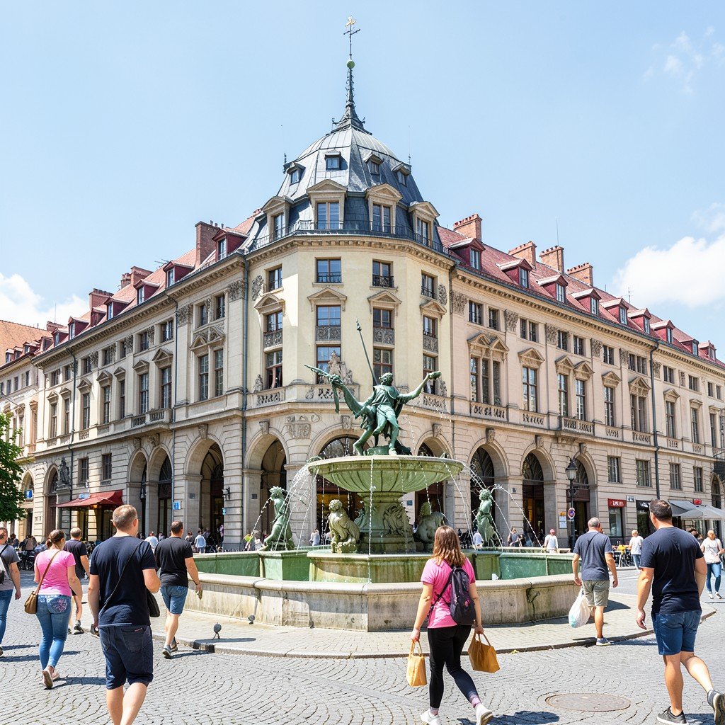 Strasbourg Place Kleber with the Aubette building and the Life Fountain in the center, people walking around, bright daylight, Review/Daily style, aspect ratio 4:3