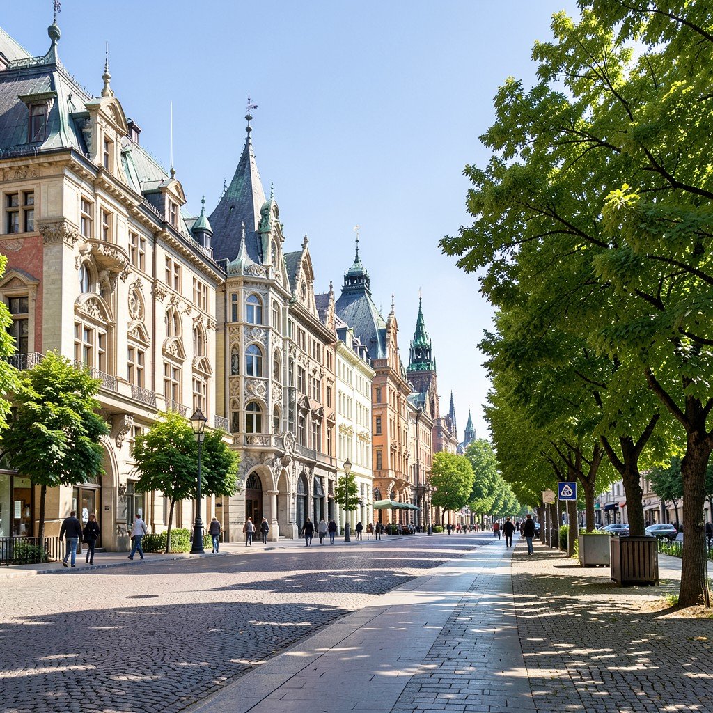 German Imperial architecture and Art Nouveau buildings in Strasbourg Neustadt, tree-lined boulevard, sunny afternoon, History/Culture style, aspect ratio 1:1