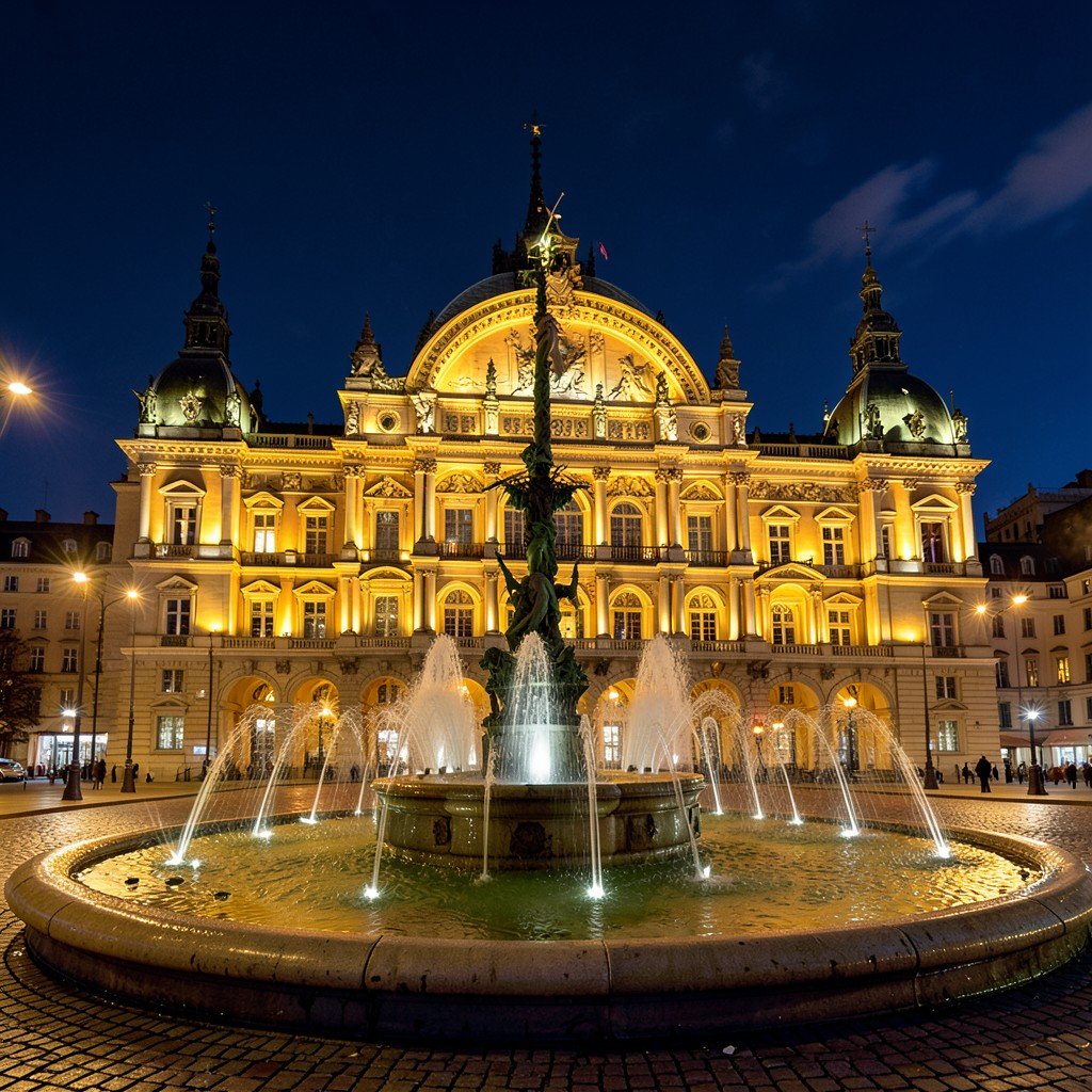 Strasbourg Opera House illuminated at night with the Republic Square fountain in Neustadt, elegant evening atmosphere, History/Culture style, aspect ratio 4:3