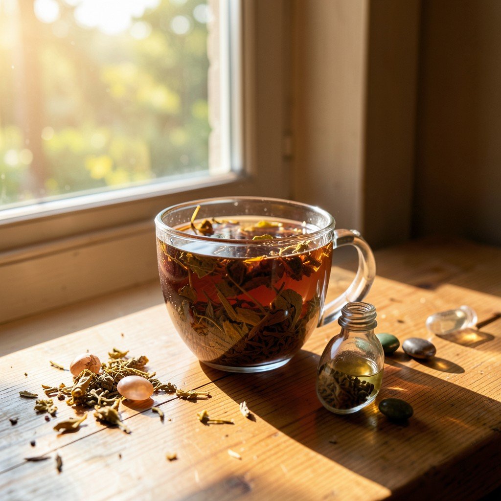 A warm lifestyle photography of a cup of herbal tea and medicine on a wooden desk near a window with natural sunlight, conveying rest and recovery, aspect ratio 1:1