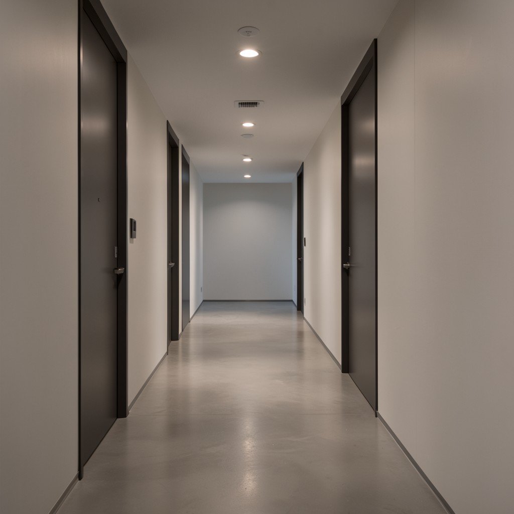 A modern corporate office hallway with soft lighting showing a few closed doors, conveying a quiet corporate transition and absence, aspect ratio 1:1
