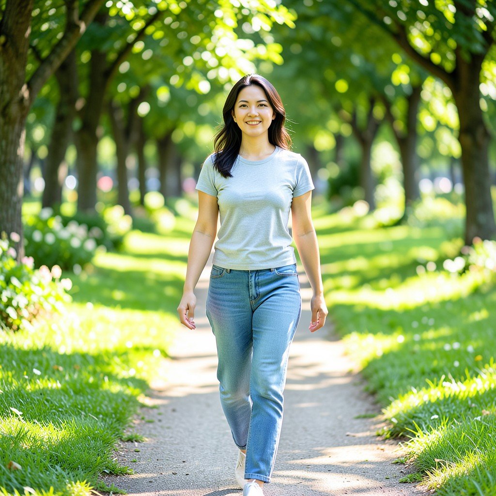 A bright balanced lifestyle photo of a person walking slowly in a peaceful green park, looking calm and healthy, representing work-life balance and wellness, aspect ratio 1:1